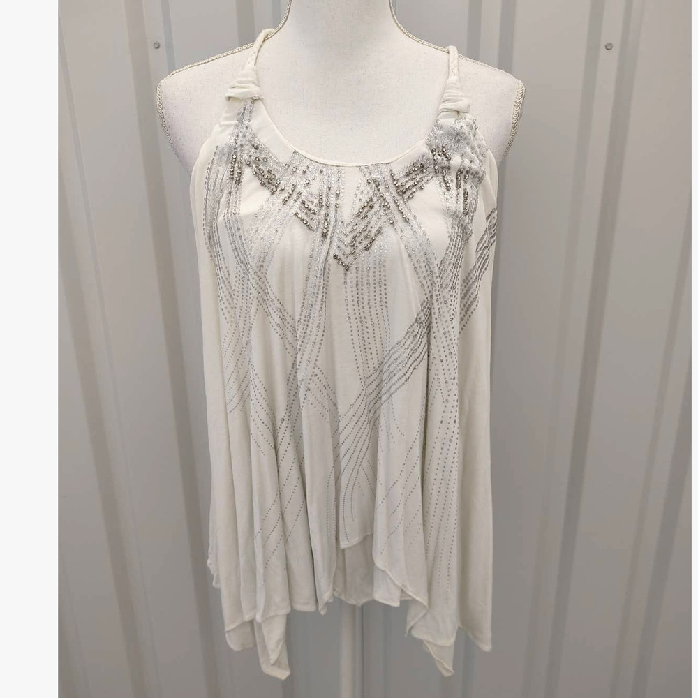 Miss Me Braided Halter Tank Top Flowy Beaded Rhinestone Accent Medium